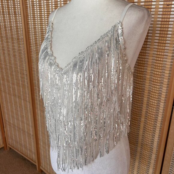 12th Tribe white sequin fringe tank top with adjustable straps - Picture 2 of 6